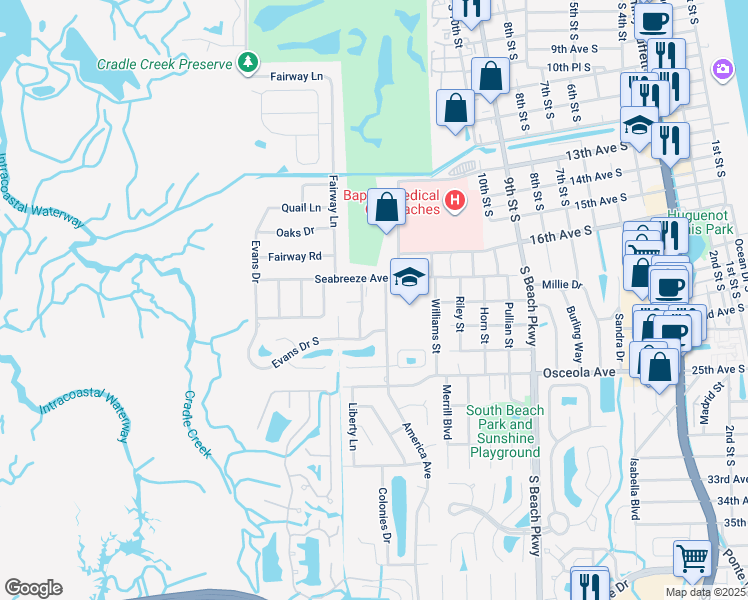 map of restaurants, bars, coffee shops, grocery stores, and more near 1604 Ocean Pond Court in Jacksonville Beach