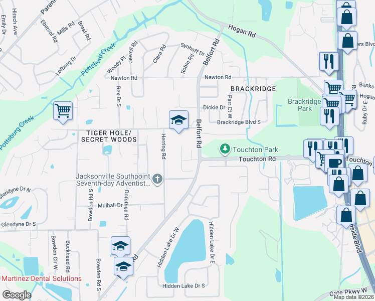 map of restaurants, bars, coffee shops, grocery stores, and more near 3079 Bellechase Court in Jacksonville