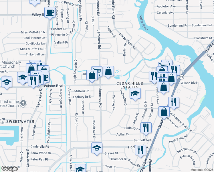 map of restaurants, bars, coffee shops, grocery stores, and more near 6370 Wilson Boulevard in Jacksonville