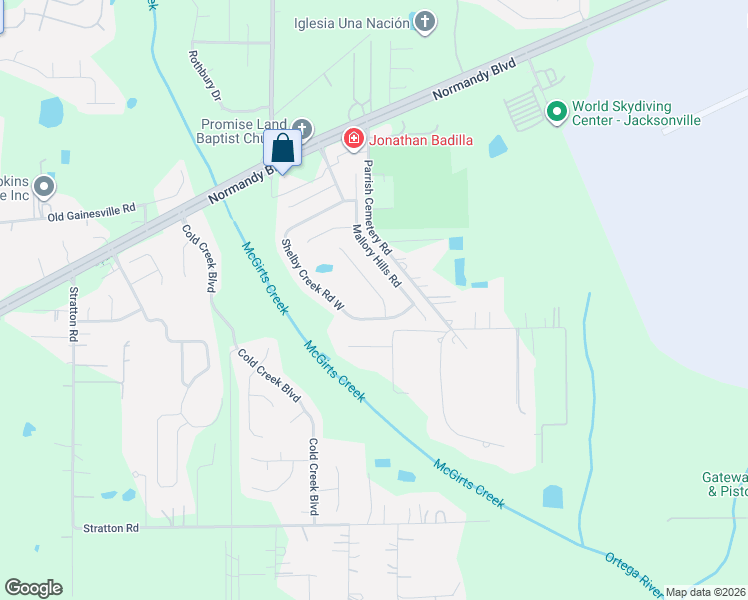 map of restaurants, bars, coffee shops, grocery stores, and more near 10373 Shelby Creek Road West in Jacksonville