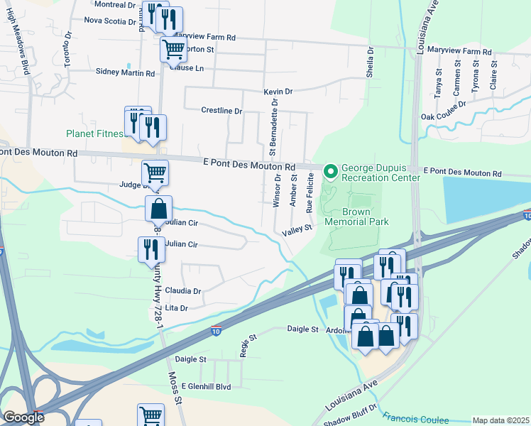 map of restaurants, bars, coffee shops, grocery stores, and more near 209 Winsor Drive in Lafayette