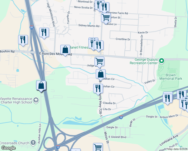 map of restaurants, bars, coffee shops, grocery stores, and more near 3601 Moss Street in Lafayette