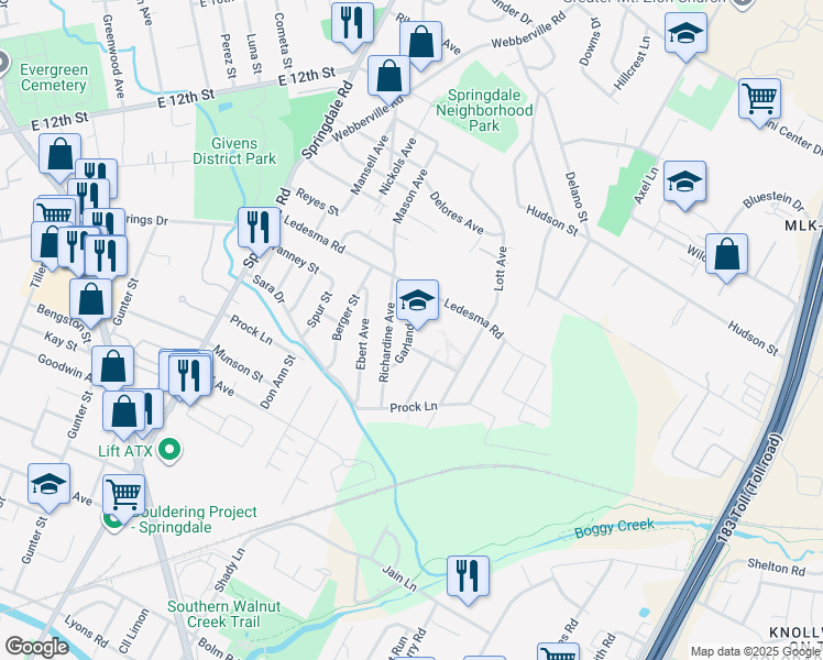 map of restaurants, bars, coffee shops, grocery stores, and more near 1135 Garland Avenue in Austin