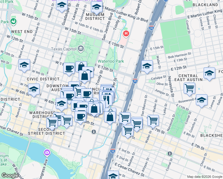 map of restaurants, bars, coffee shops, grocery stores, and more near 901 Red River Street in Austin