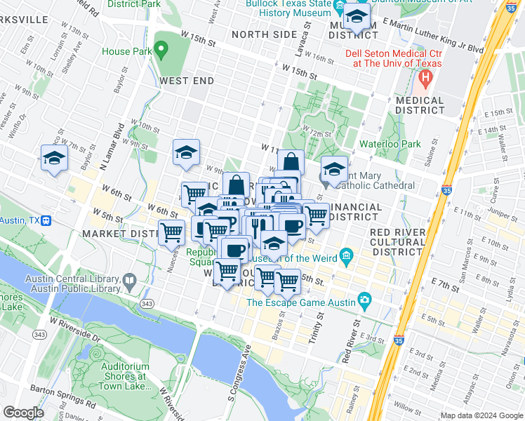 map of restaurants, bars, coffee shops, grocery stores, and more near 210 West 7th Street in Austin