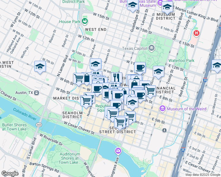 map of restaurants, bars, coffee shops, grocery stores, and more near 612 1/2 Guadalupe Street in Austin