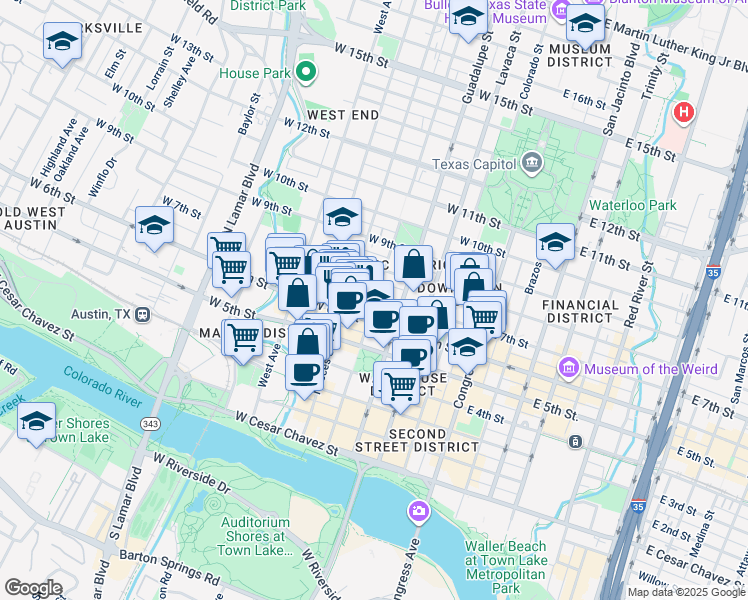 map of restaurants, bars, coffee shops, grocery stores, and more near 505 West 7th Street in Austin