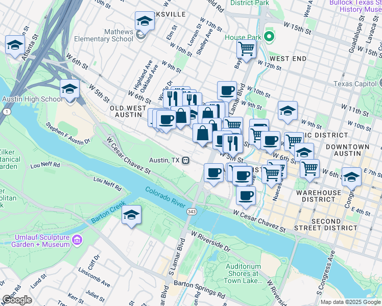 map of restaurants, bars, coffee shops, grocery stores, and more near 306 Baylor Street in Austin