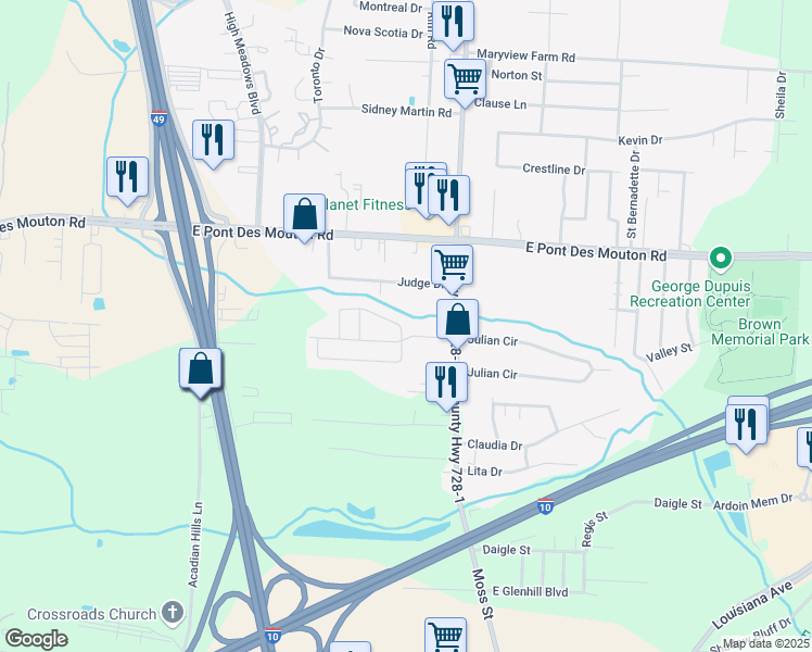 map of restaurants, bars, coffee shops, grocery stores, and more near 104 Bell North Drive in Lafayette