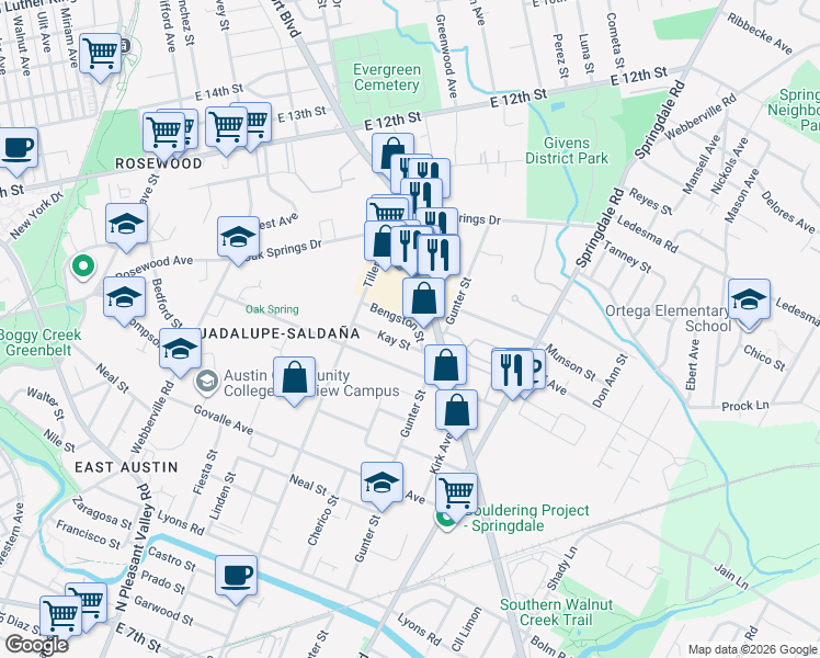 map of restaurants, bars, coffee shops, grocery stores, and more near 3313 Bengston Street in Austin