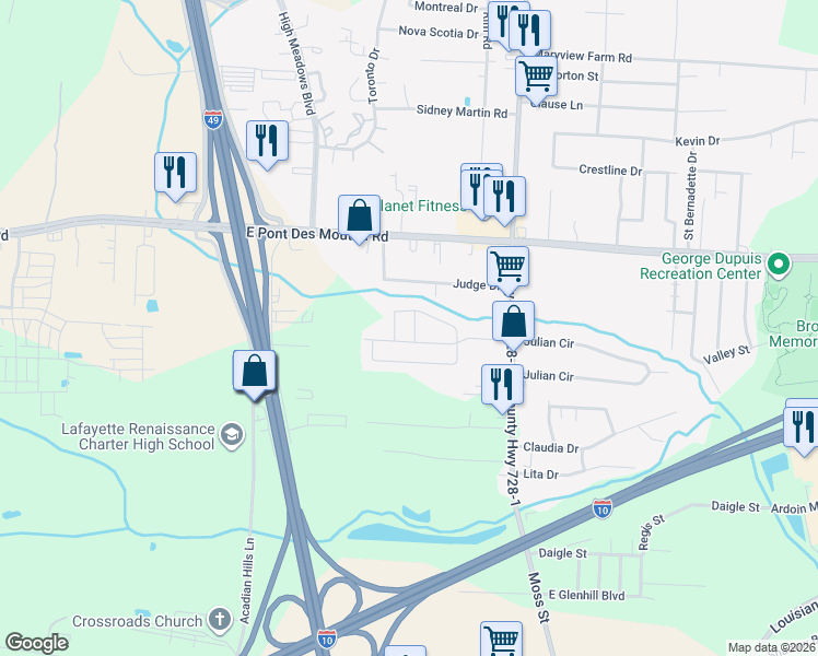 map of restaurants, bars, coffee shops, grocery stores, and more near 212 Van Buren Drive in Lafayette