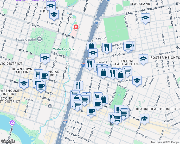 map of restaurants, bars, coffee shops, grocery stores, and more near 900 East 11th Street in Austin