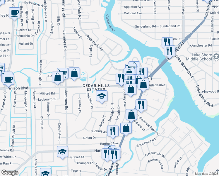 map of restaurants, bars, coffee shops, grocery stores, and more near 6066 Wilson Boulevard in Jacksonville