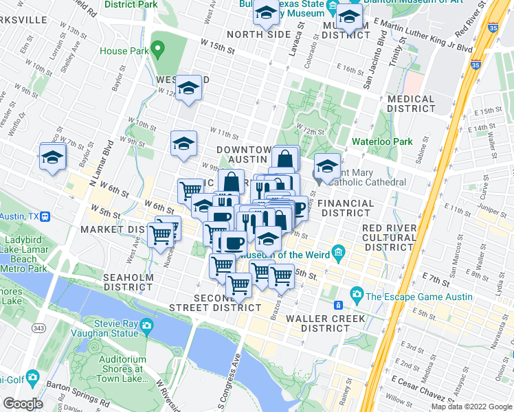 map of restaurants, bars, coffee shops, grocery stores, and more near 210 West 7th Street in Austin