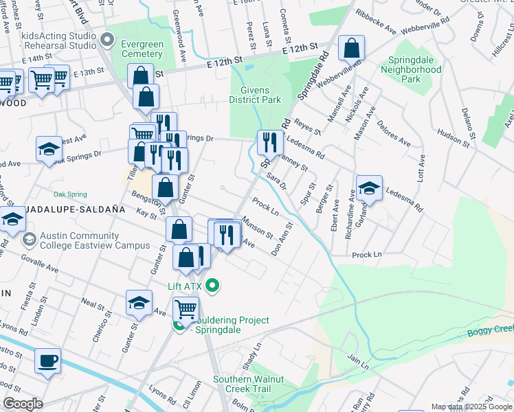 map of restaurants, bars, coffee shops, grocery stores, and more near 4609 Prock Lane in Austin