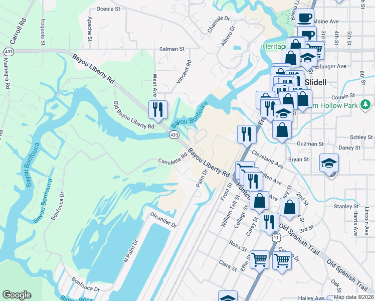 map of restaurants, bars, coffee shops, grocery stores, and more near 354386 Bayou Liberty Road in Slidell