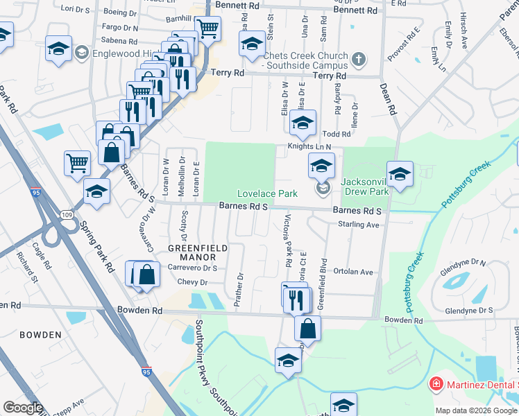 map of restaurants, bars, coffee shops, grocery stores, and more near 6226 Barnes Rd in Jacksonville