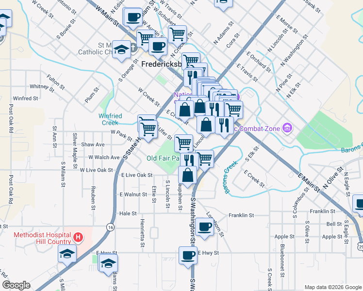map of restaurants, bars, coffee shops, grocery stores, and more near 202 East Ufer Street in Fredericksburg