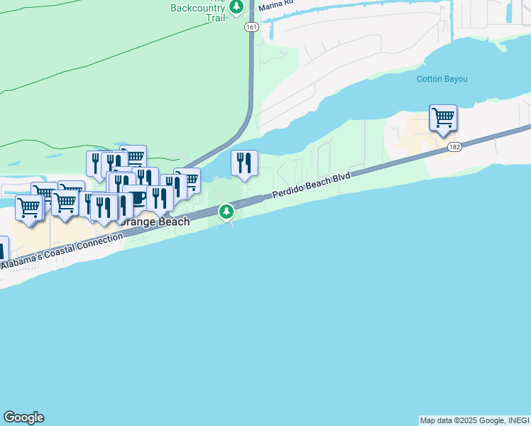 map of restaurants, bars, coffee shops, grocery stores, and more near 26032 Perdido Beach Boulevard in Orange Beach