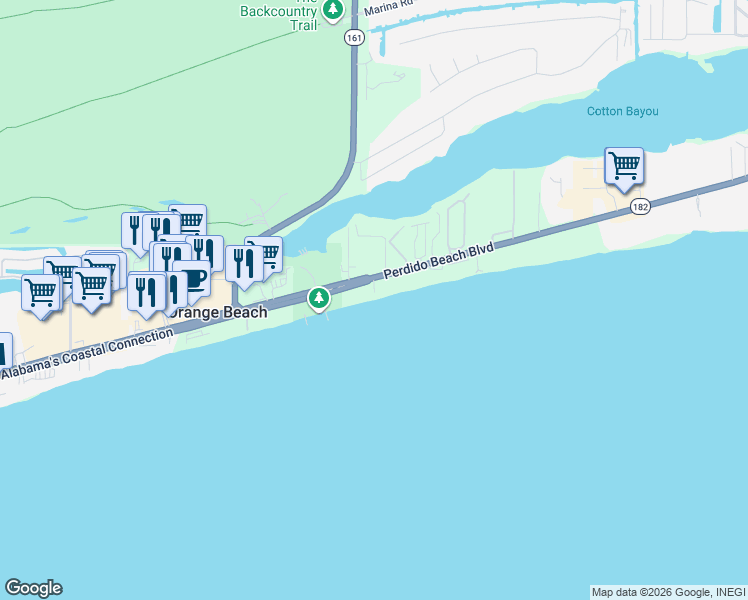 map of restaurants, bars, coffee shops, grocery stores, and more near 26032 Perdido Beach Boulevard in Orange Beach
