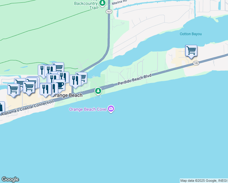 map of restaurants, bars, coffee shops, grocery stores, and more near 26034 Perdido Beach Boulevard in Orange Beach