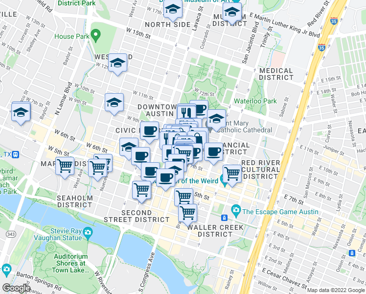 map of restaurants, bars, coffee shops, grocery stores, and more near 804 Congress Avenue in Austin