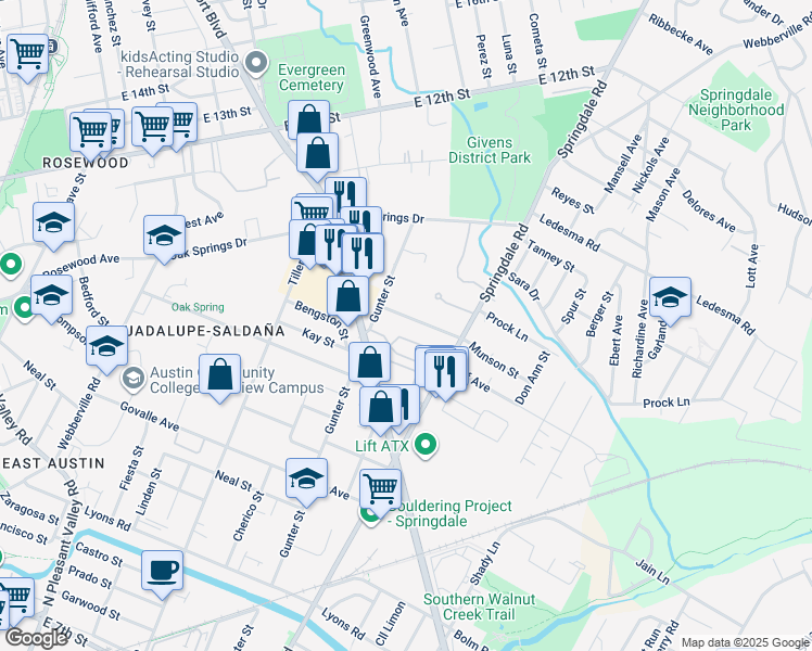 map of restaurants, bars, coffee shops, grocery stores, and more near 3615 Munson Street in Austin