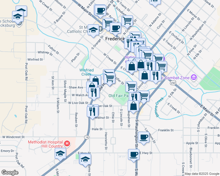 map of restaurants, bars, coffee shops, grocery stores, and more near 407 South Adams Street in Fredericksburg