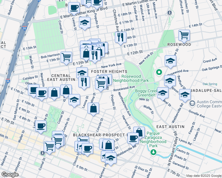 map of restaurants, bars, coffee shops, grocery stores, and more near 2006 Rosewood Avenue in Austin