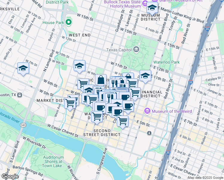 map of restaurants, bars, coffee shops, grocery stores, and more near 210 West 7th Street in Austin