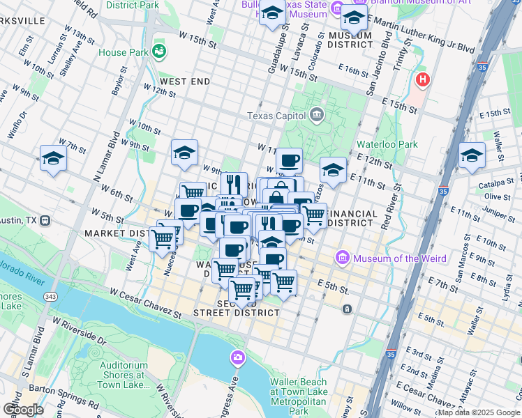 map of restaurants, bars, coffee shops, grocery stores, and more near 710 Colorado Street in Austin