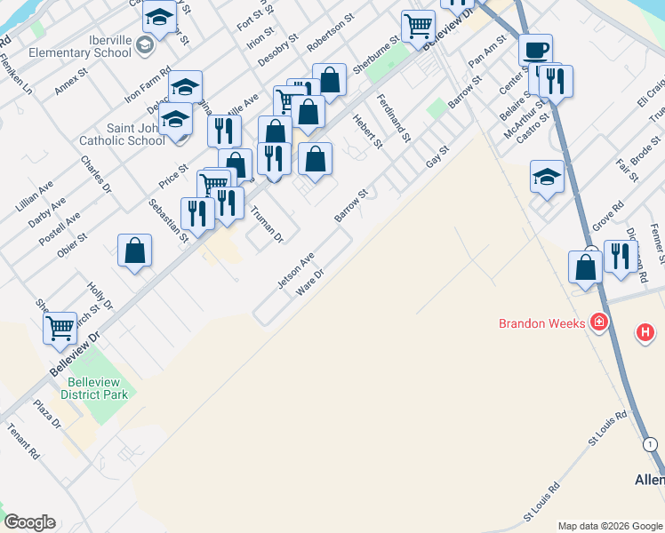 map of restaurants, bars, coffee shops, grocery stores, and more near 58577 Ware Drive in Plaquemine