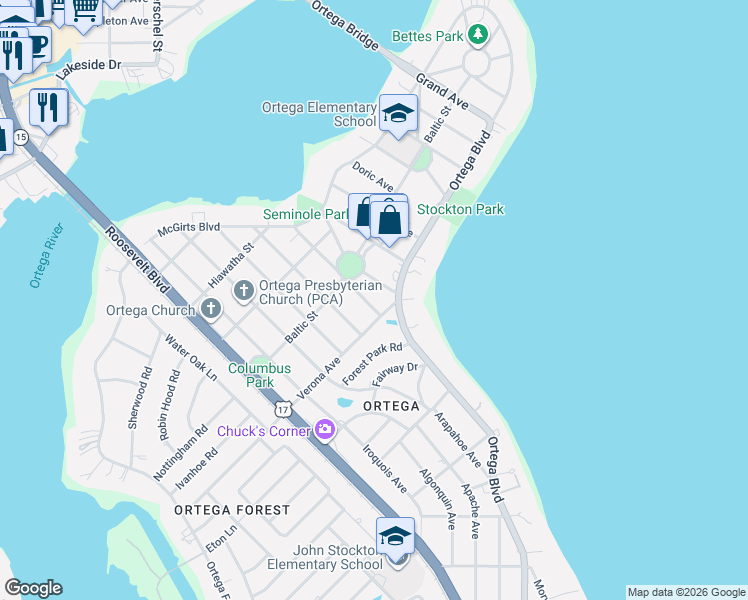 map of restaurants, bars, coffee shops, grocery stores, and more near 10 Verona Avenue in Jacksonville