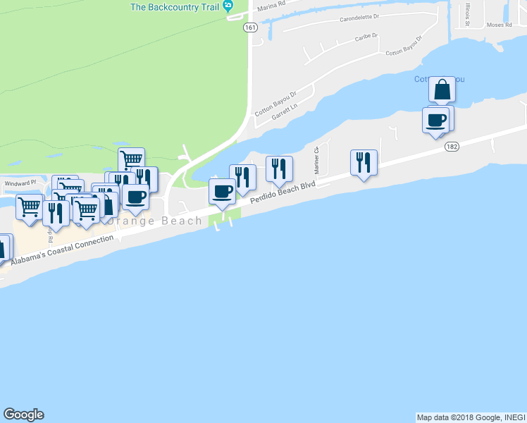 map of restaurants, bars, coffee shops, grocery stores, and more near 26032 Perdido Beach Boulevard in Orange Beach