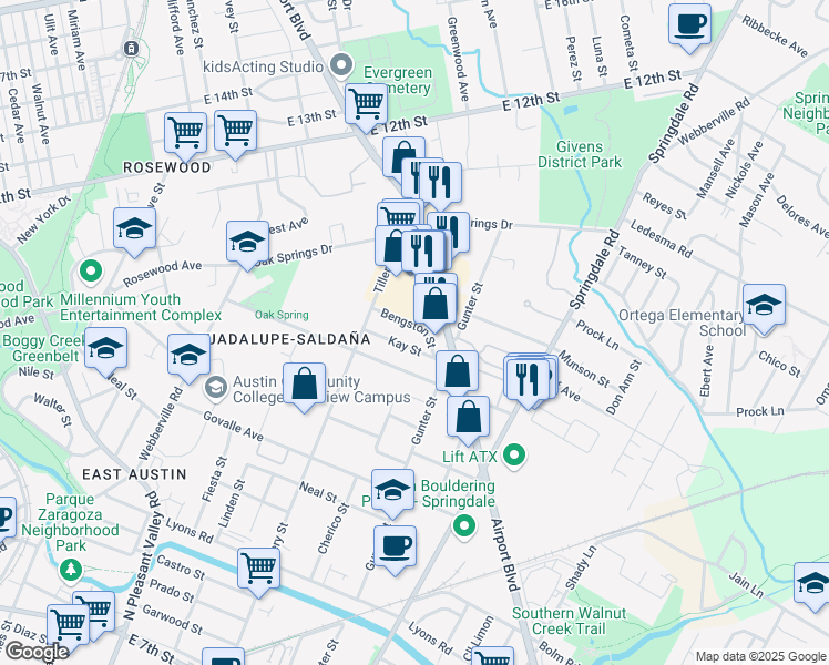 map of restaurants, bars, coffee shops, grocery stores, and more near 3313 Bengston Street in Austin