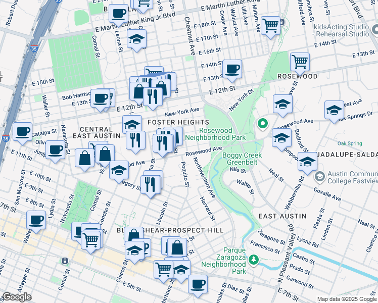 map of restaurants, bars, coffee shops, grocery stores, and more near 2006 Rosewood Avenue in Austin