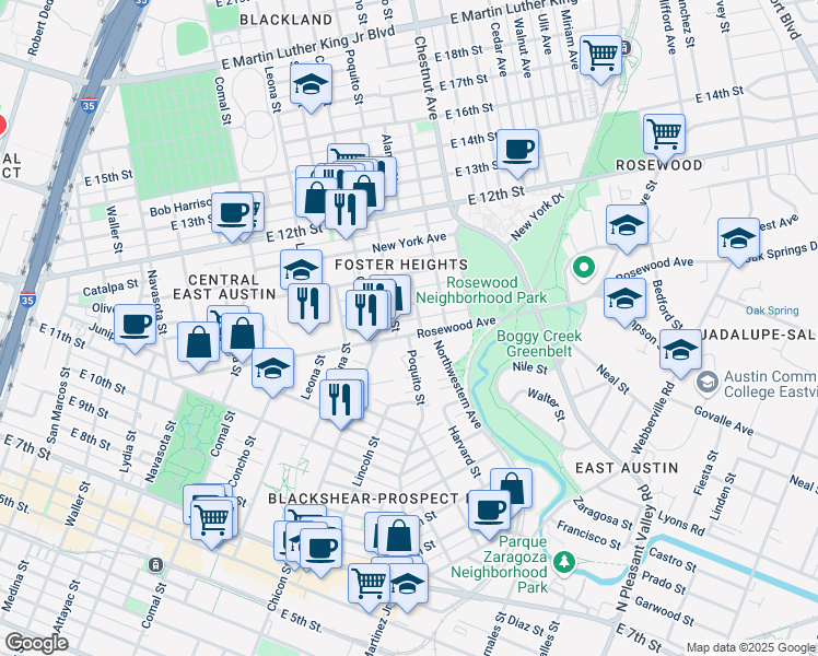 map of restaurants, bars, coffee shops, grocery stores, and more near 2006 Rosewood Avenue in Austin
