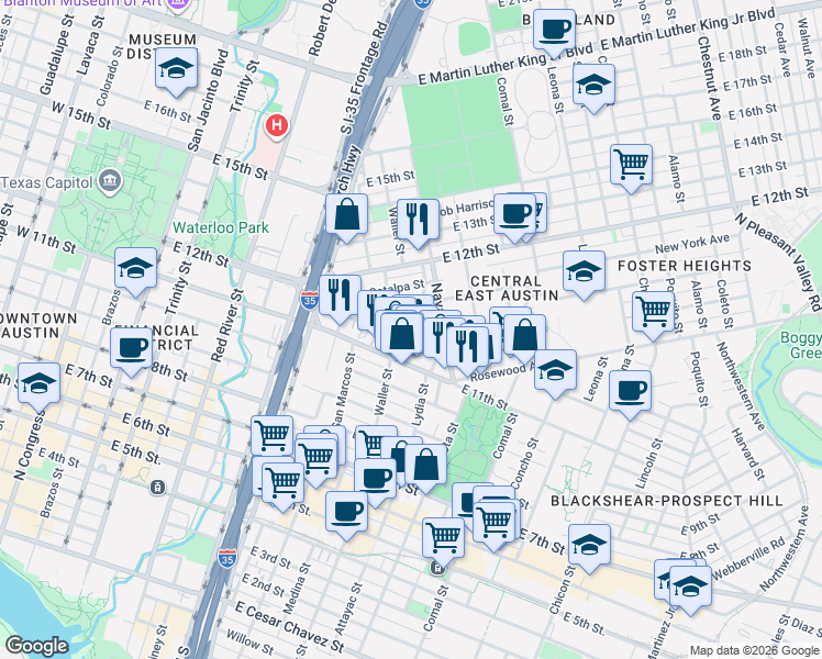 map of restaurants, bars, coffee shops, grocery stores, and more near in Austin