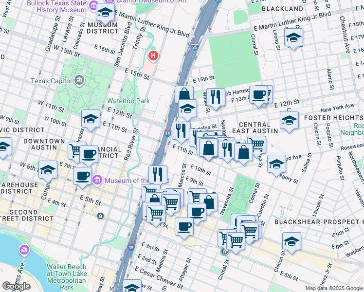 map of restaurants, bars, coffee shops, grocery stores, and more near 912 East 11th Street in Austin