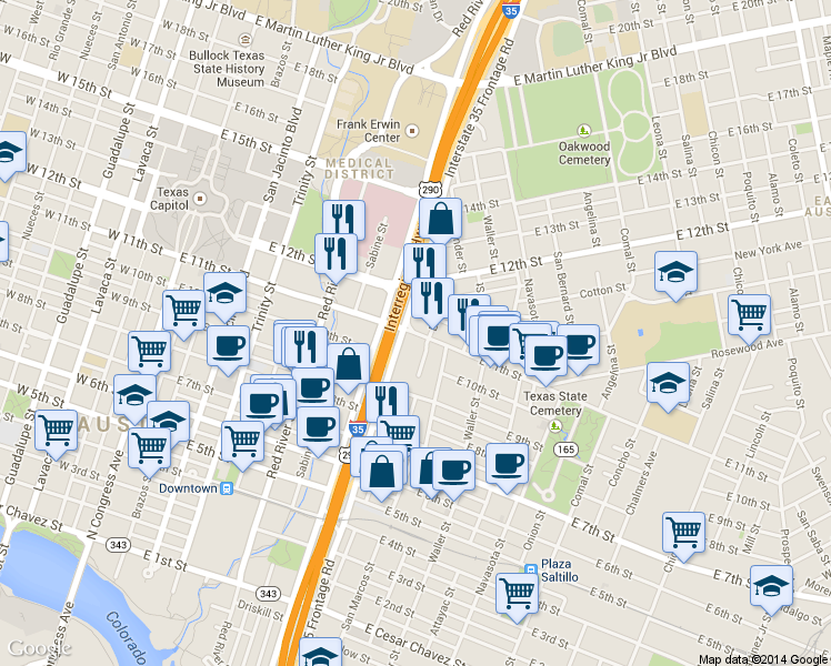 map of restaurants, bars, coffee shops, grocery stores, and more near 813 East 11th Street in Austin