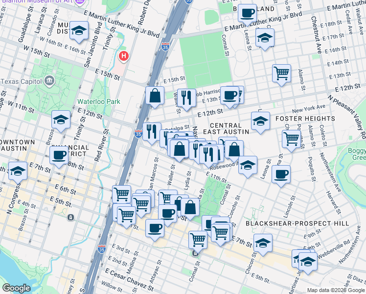 map of restaurants, bars, coffee shops, grocery stores, and more near in Austin