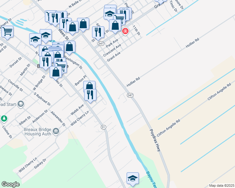 map of restaurants, bars, coffee shops, grocery stores, and more near 514 Rue La Belle in Breaux Bridge