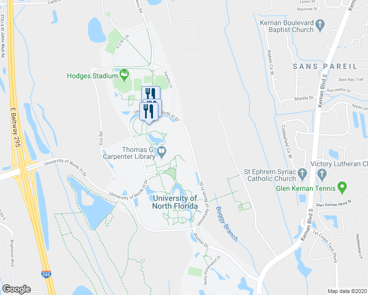 map of restaurants, bars, coffee shops, grocery stores, and more near 1 University of North Fl Drive in Jacksonville