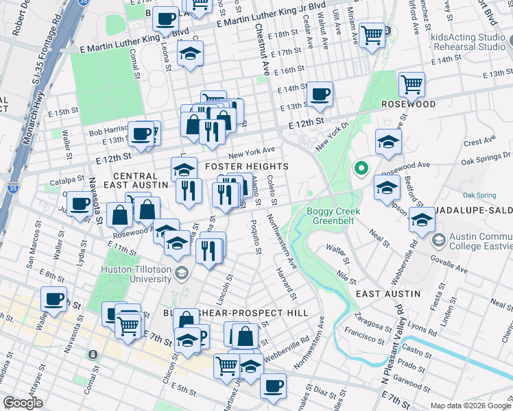 map of restaurants, bars, coffee shops, grocery stores, and more near 2006 Rosewood Avenue in Austin