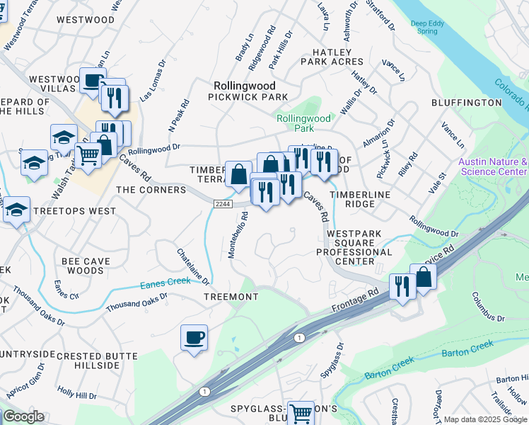 map of restaurants, bars, coffee shops, grocery stores, and more near 2805 Bee Cave Road in Austin