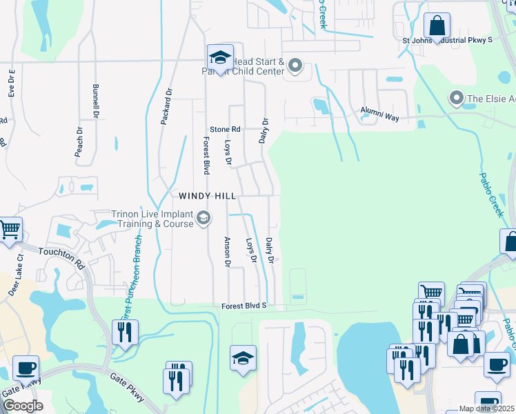 map of restaurants, bars, coffee shops, grocery stores, and more near 4220 Dalry Drive in Jacksonville