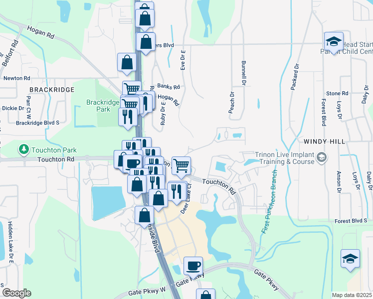 map of restaurants, bars, coffee shops, grocery stores, and more near 9727 Touchton Road in Jacksonville