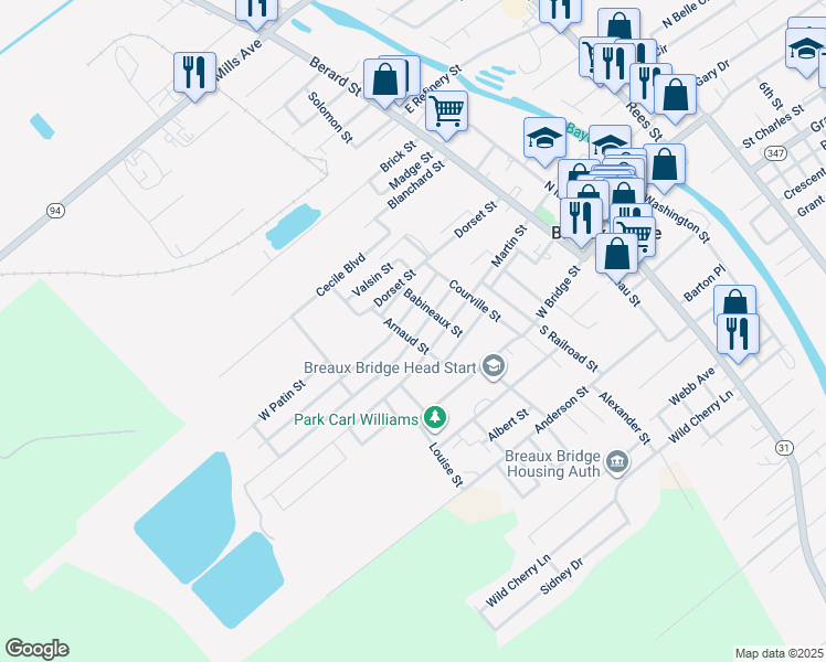 map of restaurants, bars, coffee shops, grocery stores, and more near 721 Begnaud Street in Breaux Bridge