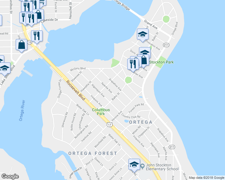 map of restaurants, bars, coffee shops, grocery stores, and more near 2831 Apache Avenue in Jacksonville