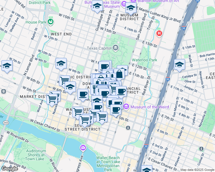 map of restaurants, bars, coffee shops, grocery stores, and more near 106 East 8th Street in Austin